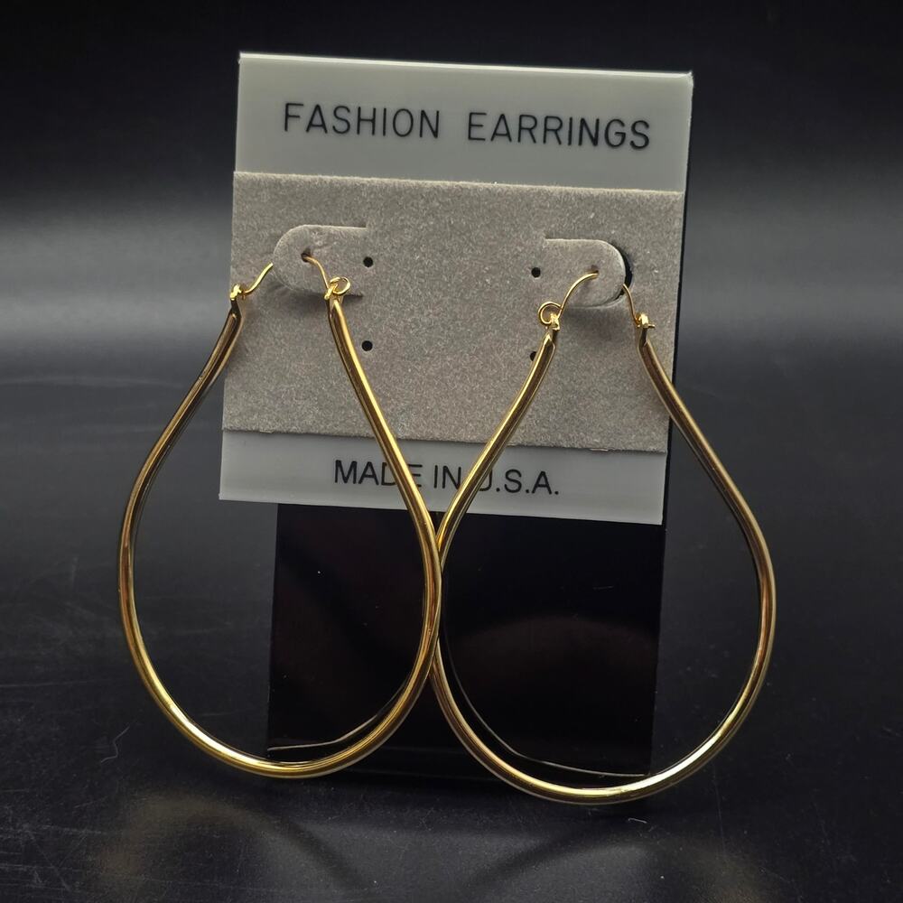 Gold Tone Tear Drop Hoop Earrings Vintage Made in USA On Card NWT NOS